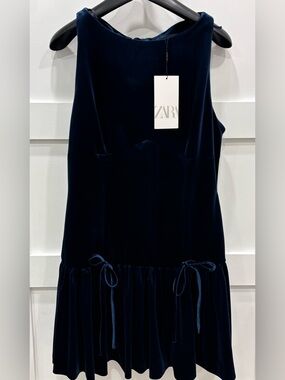 Zara Sapphire Blue Empire Waist Dropped Ruffle Velvet Mini Dress Bows